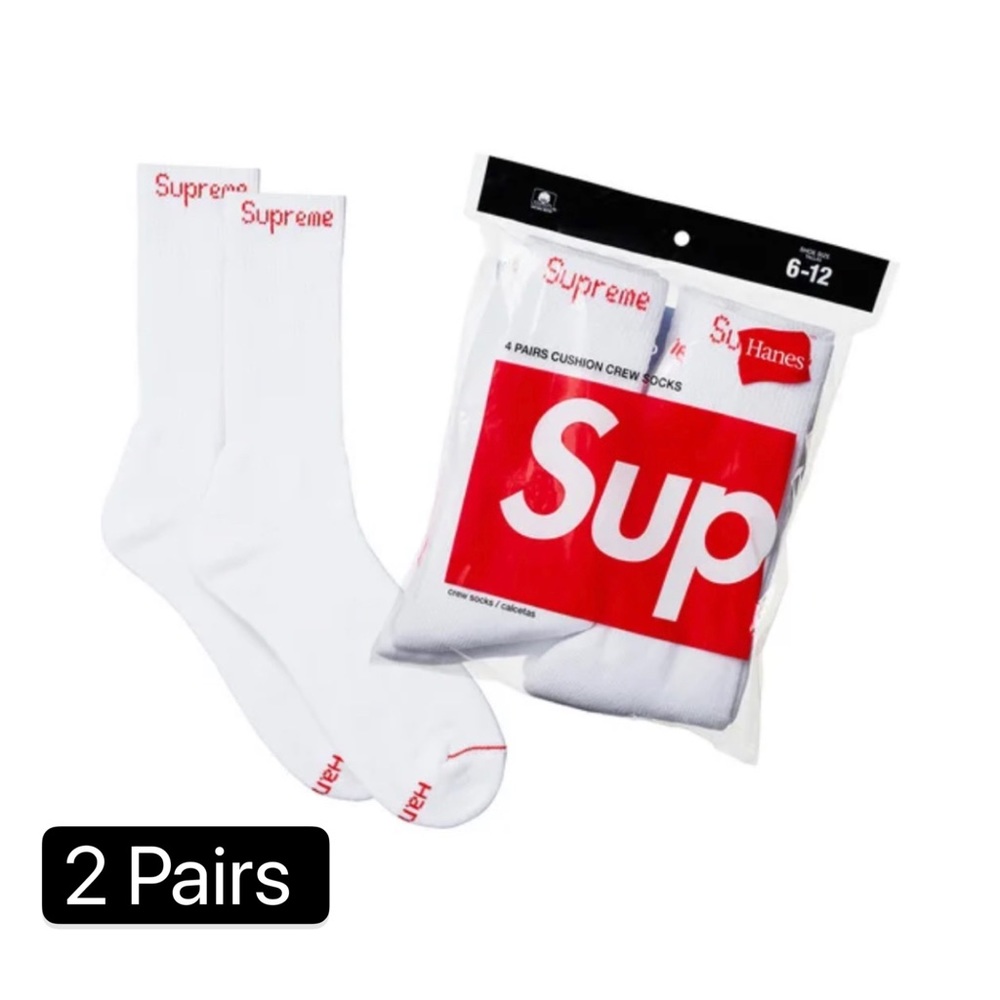 2 pairs Supreme x Hanes crew white socks